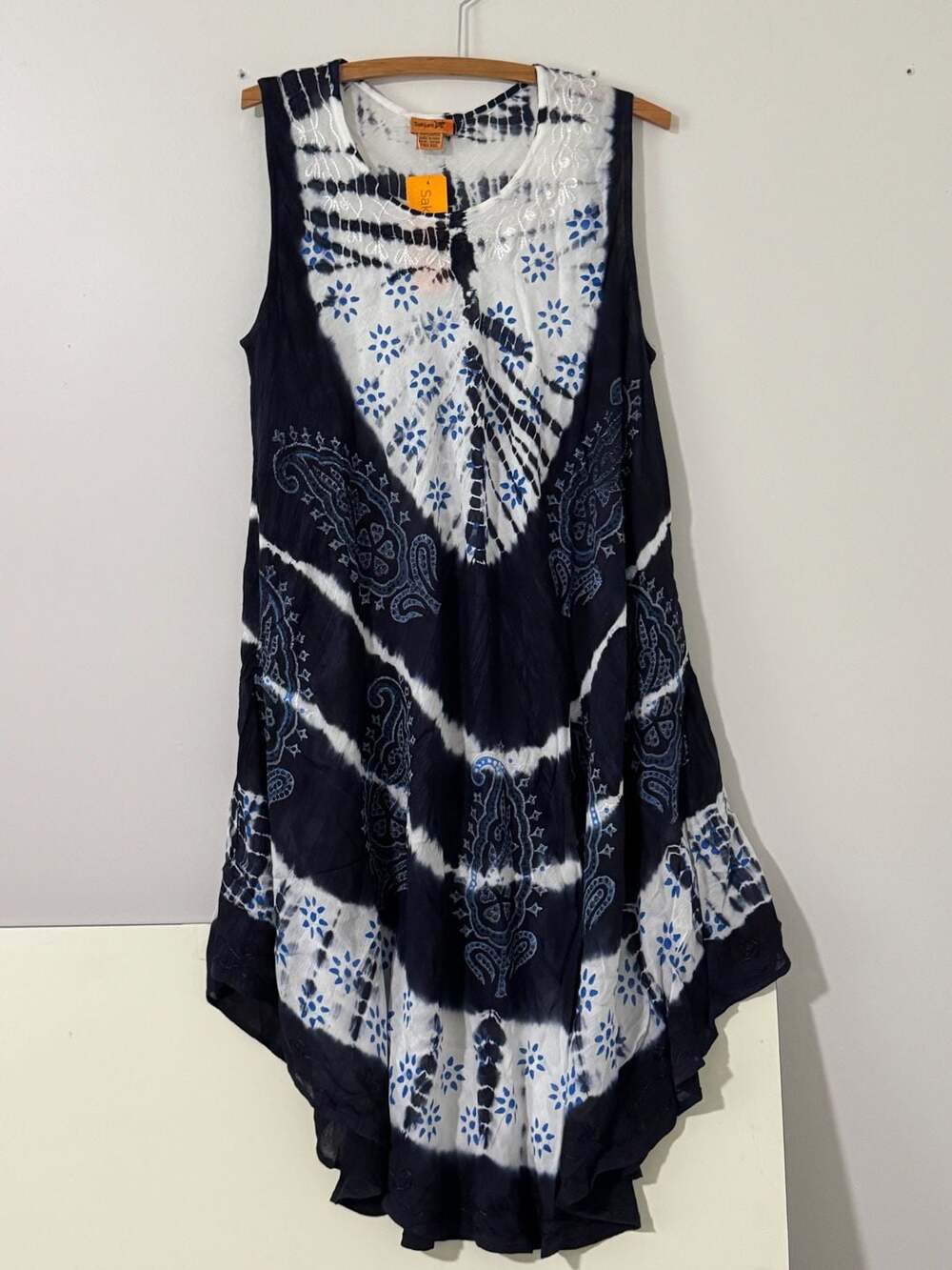 Sakkas Navy Blue and White Tie Dye Embroidered Maxi Dress